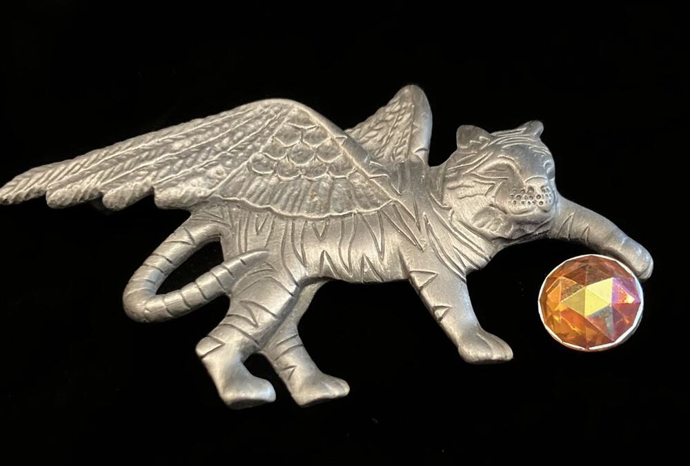AJC Amer Jewelry Pewter Flying Tiger Brooch Aurora Borealis Crystal VTG